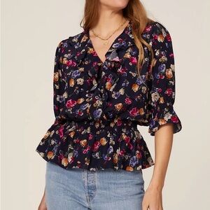 LAUREN Ralph Lauren Black Label‎ Ruffle Trim Navy Floral Top Womens M Coquette